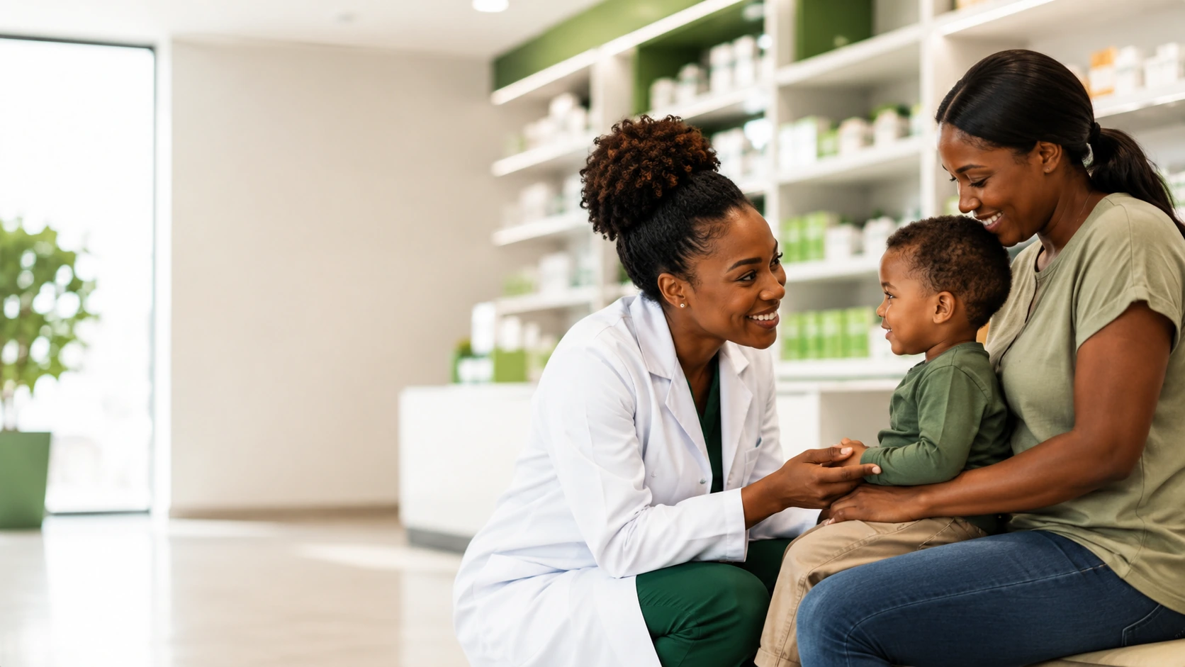 Pharmacist caring for a mother and child in a pharmacy